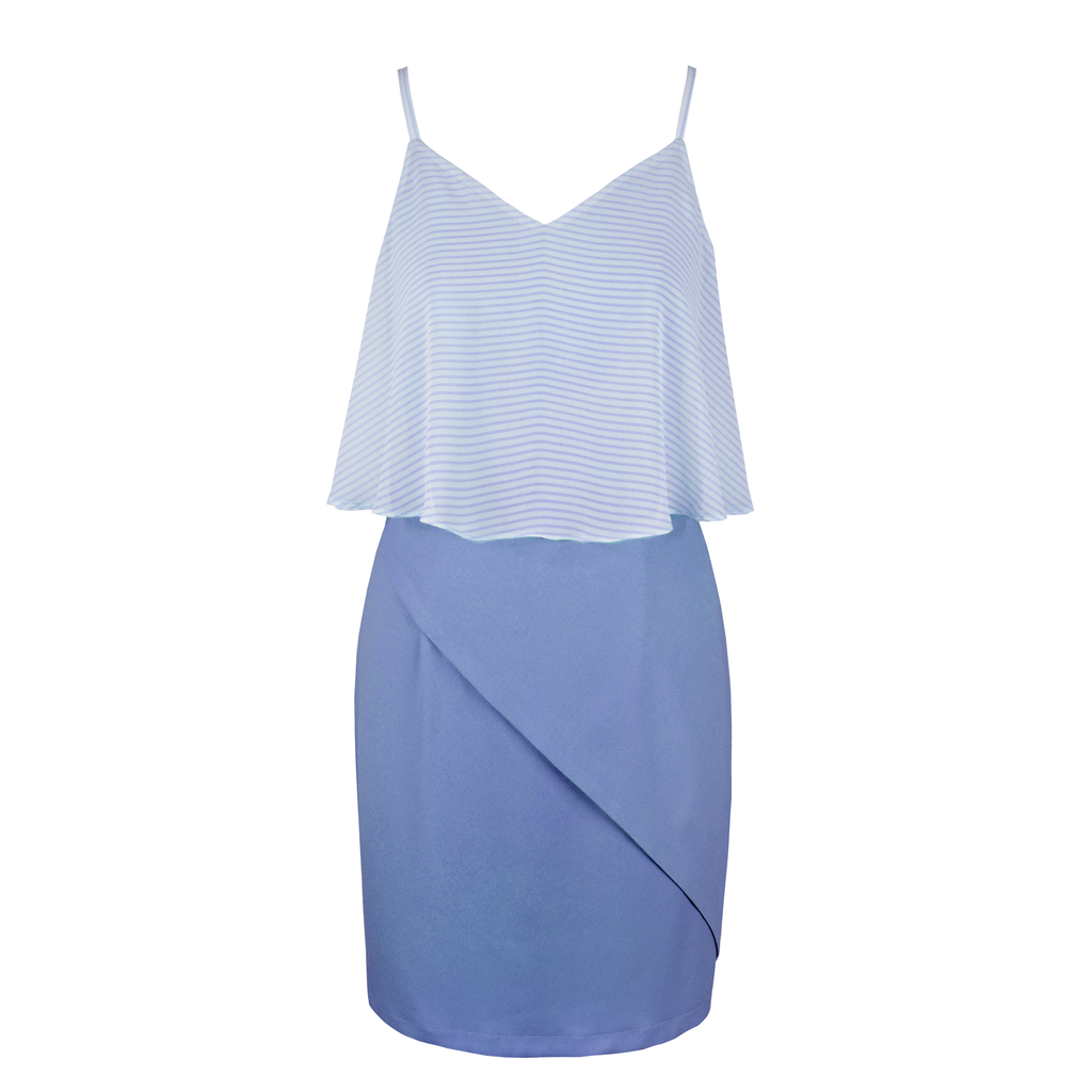 Double-layered dress with blue striped overlay