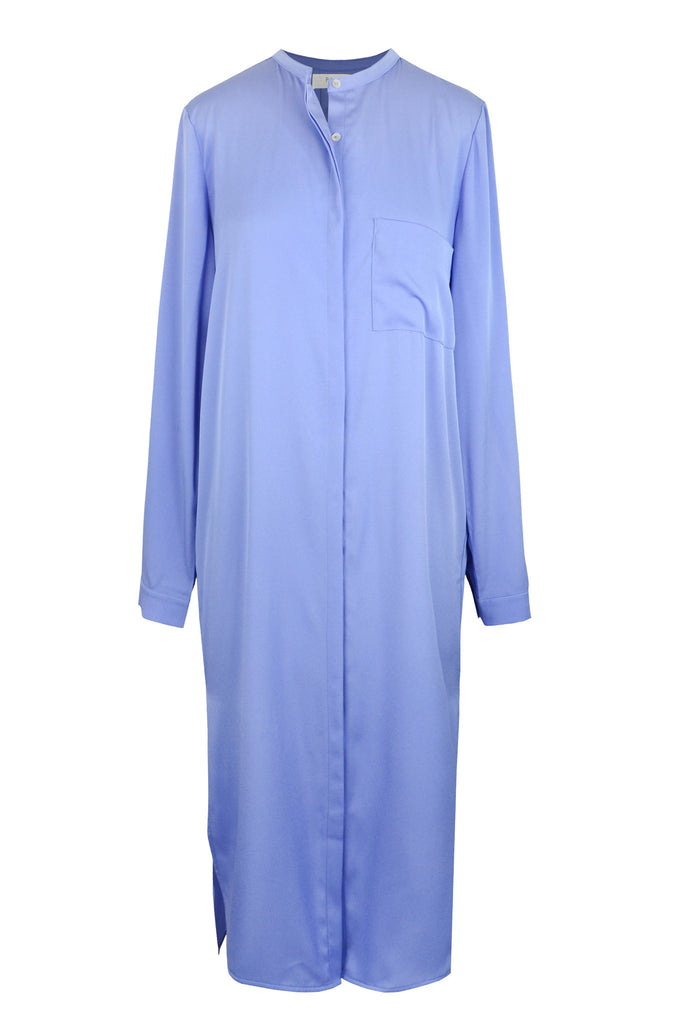 Drop-hem dress with high-neck collar and long sleeves