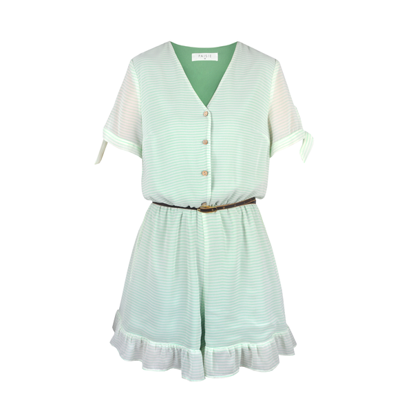 Button-down playsuit with bottom frills in mint striped fabric