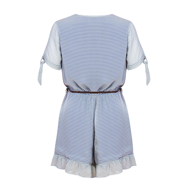 Button-down playsuit with bottom frills in blue striped fabric