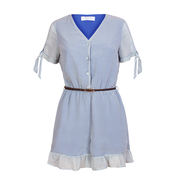 Button-down playsuit with bottom frills in blue striped fabric