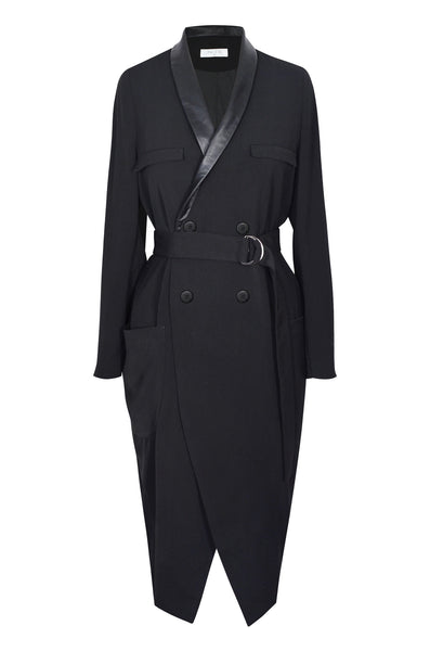 Black Wrap Dress with Faux Leather Lapel and Metal Buckle Belt