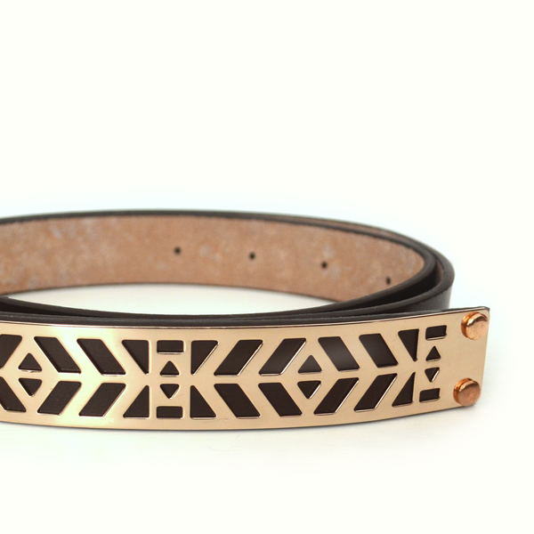 Brown Leather Belt with Gold-Tone Metal Plate